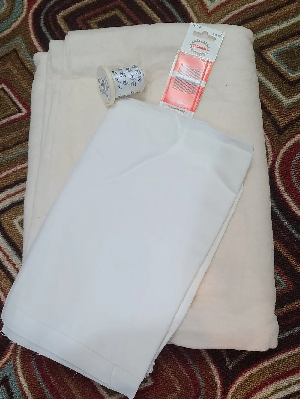 Quilting  Finishing kit with Cream Batting, White Backing Fabric, Thread Needles